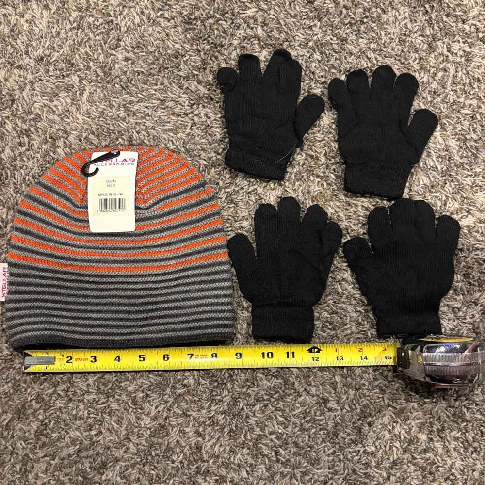Kids Striped Beanie and Gloves Set - Orange and Gray